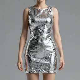 woman wearing a dress texture of aluminium foil. octane render. 4 k. fashion photograph.