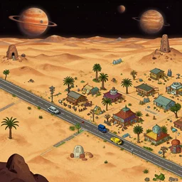 main street of a small human colony, on a remote desert planet, from a space themed point and click 2 d graphic adventure game, set design inspired a small amount by hg giger, art inspired by thomas kinkade