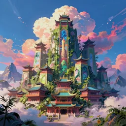 cyberpunk asian architecture with mountains, bamboo, blue skies, and voluminous clouds ; beautiful, amazing, colorful, dramatic lighting, cel - shaded, amazing depth, vivid colors, masterpiece ; behance hd, octane render, unreal engine 5, hyperdetailed, photography, photorealistic