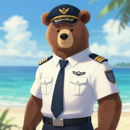 character portrait feature of the anthro male anthropomorphic kamchatka brown bear fursona wearing airline pilot outfit uniform professional pilot for the us air force character design stylized by charlie bowater, ross tran, artgerm, and makoto shinkai, detailed, soft lighting, rendered in octane, maldives in background