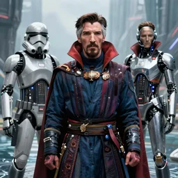 detailed ultrarealistic photography front medium shot of starwars, warrior, sadie sink, doctor strange robe, fantasy, waterworld, postapocalyptic, cyberpunk cyborg swimsuit, leyendecker, norman rockwell, greg rutkowski, artstation cinematic, vray game of thrones, lord of the rings