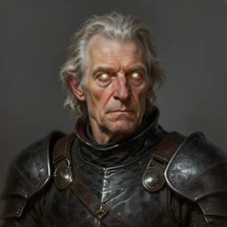 a detailed portrait of an slightly old person with glowing eyes dressed with a dark leather armor, by justin gerard and greg rutkowski, digital art, realistic painting, character design, trending on artstation