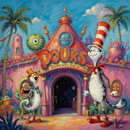 dr seuss grunge painting of the entry of an amusement park, monster and horror theme. monster theme, detailed, elegant, intricate, 4 k,