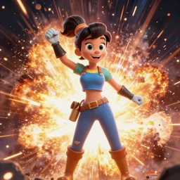 disney style, high resolution, captain amelia from treasure planet, explosion behind, powerful