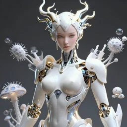 hyper detailed ultra sharp portrait of a beautiful well contoured porcelain ivory smooth fair cyborg warrior t 8 0 0 model, up close shot, sharp focus, global illumination, radiant light, biomechanical white silver gold rhizomorphs headdress, cyberpunk brackets, laser cut paper microbes, bubble mushrooms, puffballs, alexandre ferra white mecha, irakli nadar, alexander mcqueen, octane highly render, 4 k, ultra hd,