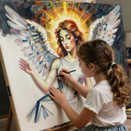 a girl drawing an angel in the design of Pablo Picasso