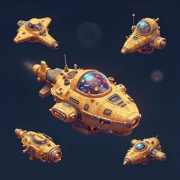 isometric assets for a sci - fi game where you explore the galaxy in a junker frigate, it is very nasapunk in style - 4