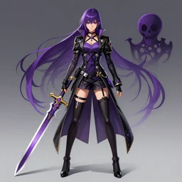 devil may cry Vergil's daughter character design sheet, female, purple and black outfit, ghost sword, intricate, trending on artstation