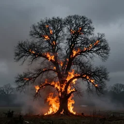 photo of a tree with fire surrounding, scary, grey fog, dark sky