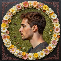 a portrait of an ant faced man rounded by flowers, by well renowned world artist