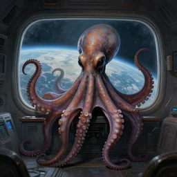 close portrait of a creepy scary octopus alien in space ship quarters, large window showing planet earth, diffuse lighting, fantasy, intricate, elegant, highly detailed, lifelike, digital painting, cinestill 8 0 0 t 2 0 0 mm, concept art, frank frazetta, marco bucci, loish, rossdraws, artgerm