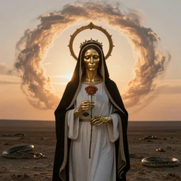 sunset light. realistic woman with gold metalic skeleton face, wearing white and black virgin mary robe wearing on the head an aureola made of gold, cactus and pearls over the head, holding a rose in a hand, with warm backlight behind a whirlpool of clouds forming acircular background. sunset light. beneath there's a barren land with serpents. apocalyptic.