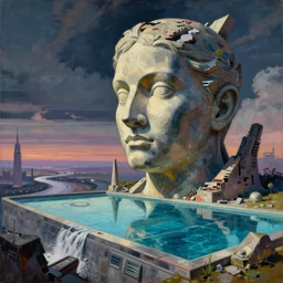 incredible detail, vaporwave, the ego separates by zdzisław beksinski, oil on canvas, giant head statue ruins, scifi landscape, infinity pool