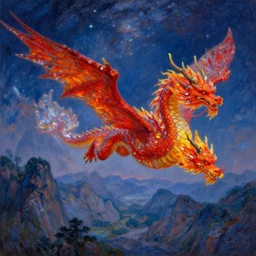 A beautiful, highly detailed, very realistic, oil painting of a huge ancient bright red Fire Dragon with red, orange, and yellow, crystal like scales flying through the starry sky near lots of tall mountains in the middle of the night, by Monet. Impressionism, realistic.