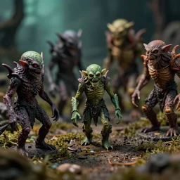 miniature figurines of lovecraftian monsters, close up, detail, tilt shift, product photography