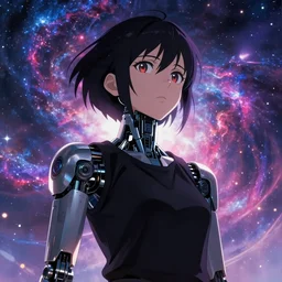 makoto shinkai. robotic android girl. futuristic cyberpunk. dystopia. vibrant nebula sky. black shirt