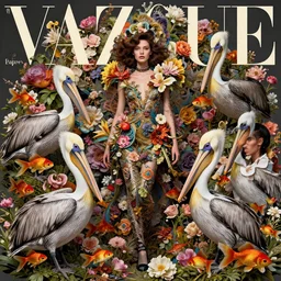 pretty model surrounded by flowers, pelicans and goldfish : : by martine johanna and simon stalenhag and chie yoshii and casey weldon and wlop : : ornate, dynamic, particulate, rich colors, intricate, elegant, highly detailed, vogue, harper's bazaar art, fashion magazine, smooth, sharp focus, 8 k, octane render
