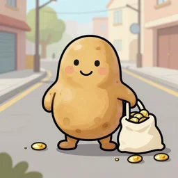 potato coming home in a street with a bag of full of gold drawing style