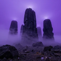 a strange rocky place with purple mist fog and huge black towers with a glowing top