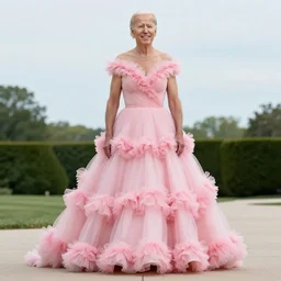 photo of joe biden by himself, wearing a prom dress, pink frills