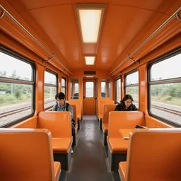 Orange amp train wagon interior, kim jung gi style, Greg Rutkowski, Zabrocki, Karlkka, Jayison Devadas, trending on Artstation, 8K, ultra wide angle, zenith view, pincushion lens effect
