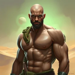 male bald bodybuilder gladiator, desert background, digital painting, green light, detailed, highly detailed, smooth, sharp focus, illustration by ruan jia and mandy jurgens and william - adolphe bouguereau, artgerm