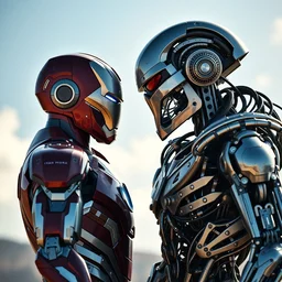 a photo of iron man and a terminator t - 8 0 0 exoskeleton looking at each other ready to fight.