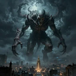 an ultradetailed matte painting of cthulu descending from space, looming ominous over a city, dark thunderstorm, lovecraftian horror, monster from beneath the waves, intricate detail, cinematic, 8 k, cel shaded, volumetric lighting, octane render, art by greg rutkowski, jeong seon, alphonse mucha, albert bierstadt