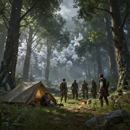 i'm camping in the woods near riften, skyrim. volumetric lighting, summer, winter, snowy weather, dark overcast, realistic, perfectly shaded, ultra detailed, photorealistc ( floating snow particles ) art by leesha hannigan, ross tran, thierry doizon, kai carpenter, ignacio fernandez rios