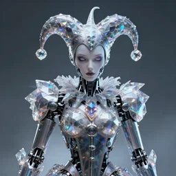 front shot of a court jester!!!! character, holographic crystals, bionic futurism, robotic cyborg, 8 5 mm f 1. 8, ominous elegant detailed concept artstation sharp focus ray tracing cinematic masterpiece fine portrait, by artgerm greg rutkowski tooth wu beeple