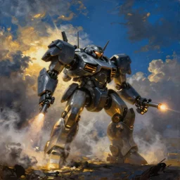 an armored core v by kashin, wadim, booster flares, legs, laser rifles, heavy mist, very smoky, dark blue sky, cloud, golden time, twilight ; close - up, oil painting, dynamic contrast, dynamic backlighting, motion blur