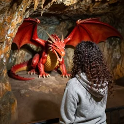back view of a curly long haired woman wearing grey hoodie discovering a red dragon in a cave