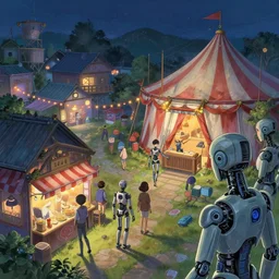 close - up of young cyborgs exploring small town cyperpunk amusement, food stalls, big top circus tent, highly detailed, magical, japan, digital painting, concept art, matte, art by ruan jia and wlop and greg rutkowski and makoto shinkai, masterpiece