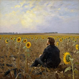 sitting in the charred, dry sunflower field, looking at the sky. painting by asher brown durand, caspar david friedrich, thomas cole, monet, martin johnson heade, moebius, agnes pelton