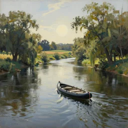 A very detailed painting featuring a river in Europe surrounded by trees and fields. A rubber dinghy is slowly moving through the water. Sun is shining. minimalist painting