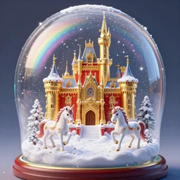 a big golden and red rocococastle in a snowglobe with unicorns and snow falling, rainbow colored, sparkels, insanely detailed, 8 k, 3 d, masterpiece