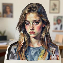 a beautiful portrait of a depressed girl, constructed of large magazine cutouts, made in a magazine clipping collage style, made by a depressed art student, vaguely reminiscent of pablo picasso