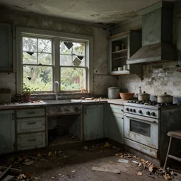 ruined, abandoned american midwestern mansion kitchen, seen from inside. Diffused light falls through the broken windows. Dirt, leaves on ground. Unreal Engine. Substance painter. Zbrush. Trending on artstation. 8K. Highly detailed.