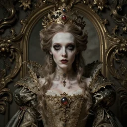 a beautiful detailed front view portrait of a dead rotten princess with baroque ornate growing around, ornamentation, elegant, beautifully soft and dramatic lit, by wayne barlowe, peter mohrbacher, kelly mckernan