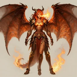 full body portrait of dragon master lady, taned skin, red eyes, wild ginger hair, draconic looking armor, symmetric wings, firebreathing, high fantasy, dnd, highly detailed, illustration, by artgerm, greg rutkowski, alphonse mucha