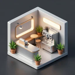 isometric cartoon cannabis cafe interior shop axonometric espresso machine, aluminum sheen, few plants in pots, by benoit mandelbrot, cute minimal concept art illustrated by anni albers