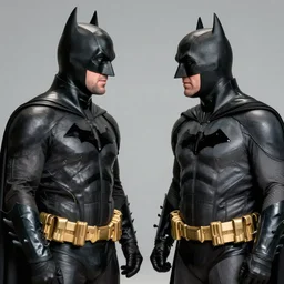 A still of Ben Affleck's Batman meeting Michael Keaton's Batman, 4k, photograph, ultra realistic, highly detailed, studio lighting