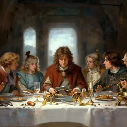 the hobbit last supper by greg rutkowski, digital painting, trending on artstation, sharp focus, 4 k