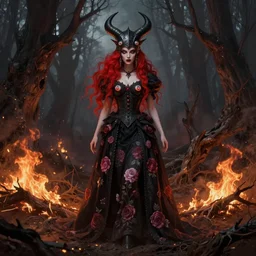 full body shot, malevolent witch with 5 0 0 eyes facing front, red hair, crow helmet, floral dress, dead forest on fire, fantasy, intricate, photorealistic, elegant, stylish, highly detailed, digital painting, artstation, concept art, smooth, sharp focus, illustration, art by artgerm and greg rutkowski and terese nielsen