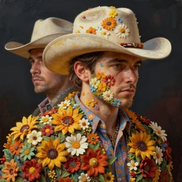 material study, cowboy characters made of flowers