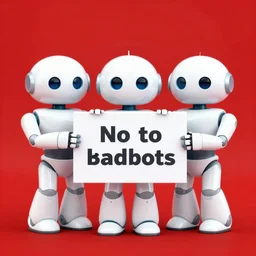 3 clean white robots holding sign / say no to badbots / on red background