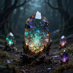 raw gemstone glowing in magick powers, a dark eeerie setting, witchcraft levels