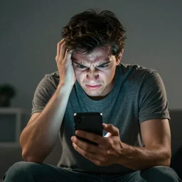frustrated man is angry at his phone, wide angle, cinematic lighting, hd, high details, dramatic, trending on artstation