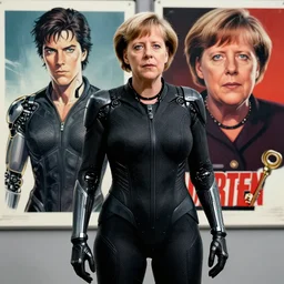 angela merkel is a highly trained assassin, she wears a black nano suite, airbrush art, drew struzan illustration art, key art, movie poster