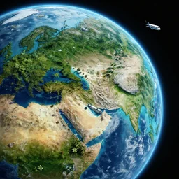 paradise world planet closeup view from space, lush jungles, white beaches, a few shuttles coming to a planet, sci fi, vibrant